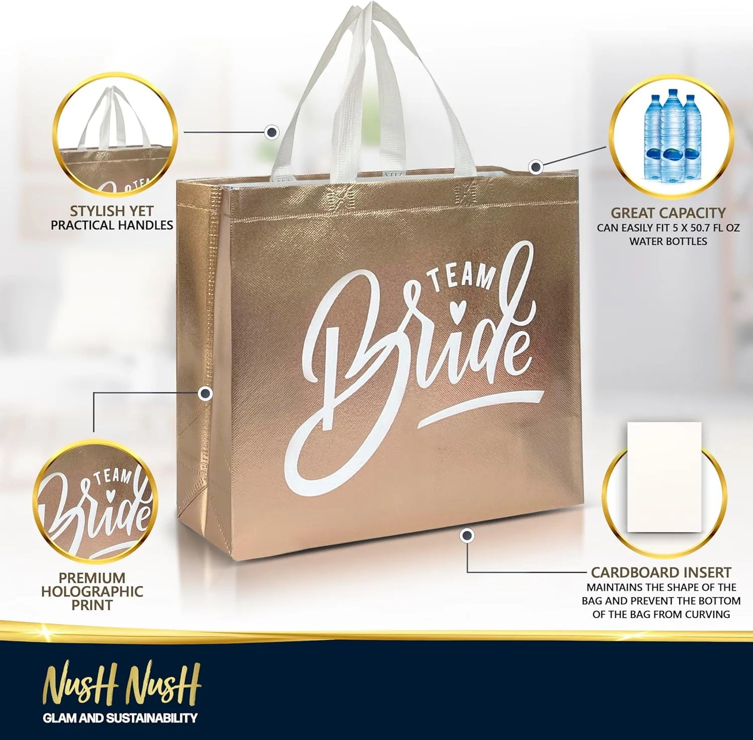 Nush Nush Set of 12 Reusable Rose Gold Bridesmaids Gift Bags In Bulk With 3 x Bride and 9 x Team Bride Party Bags - Wedding Favors, Bachelorette Party, Bridesmaid Gifts, Bridal Shower- 11" x 5" x 13"