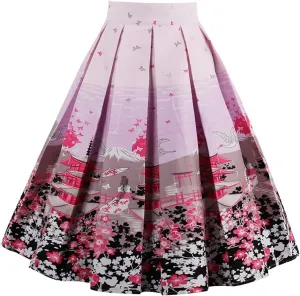 OBBUE Dresstore Vintage Pleated Skirt Floral A-line Printed Midi Skirts with Pockets