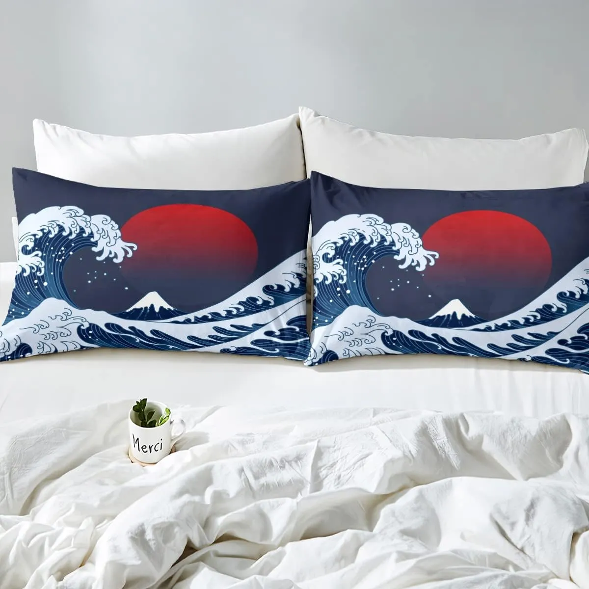 Ocean Wave Comforter Set Sea Surfing Red Sun Bedding Set for Kids Boys Girls Japanese Ukiyoe Comforter Exotic Navy Blue Decor Quilt Set with 2 Pillowcases 3Pcs Bedding Full