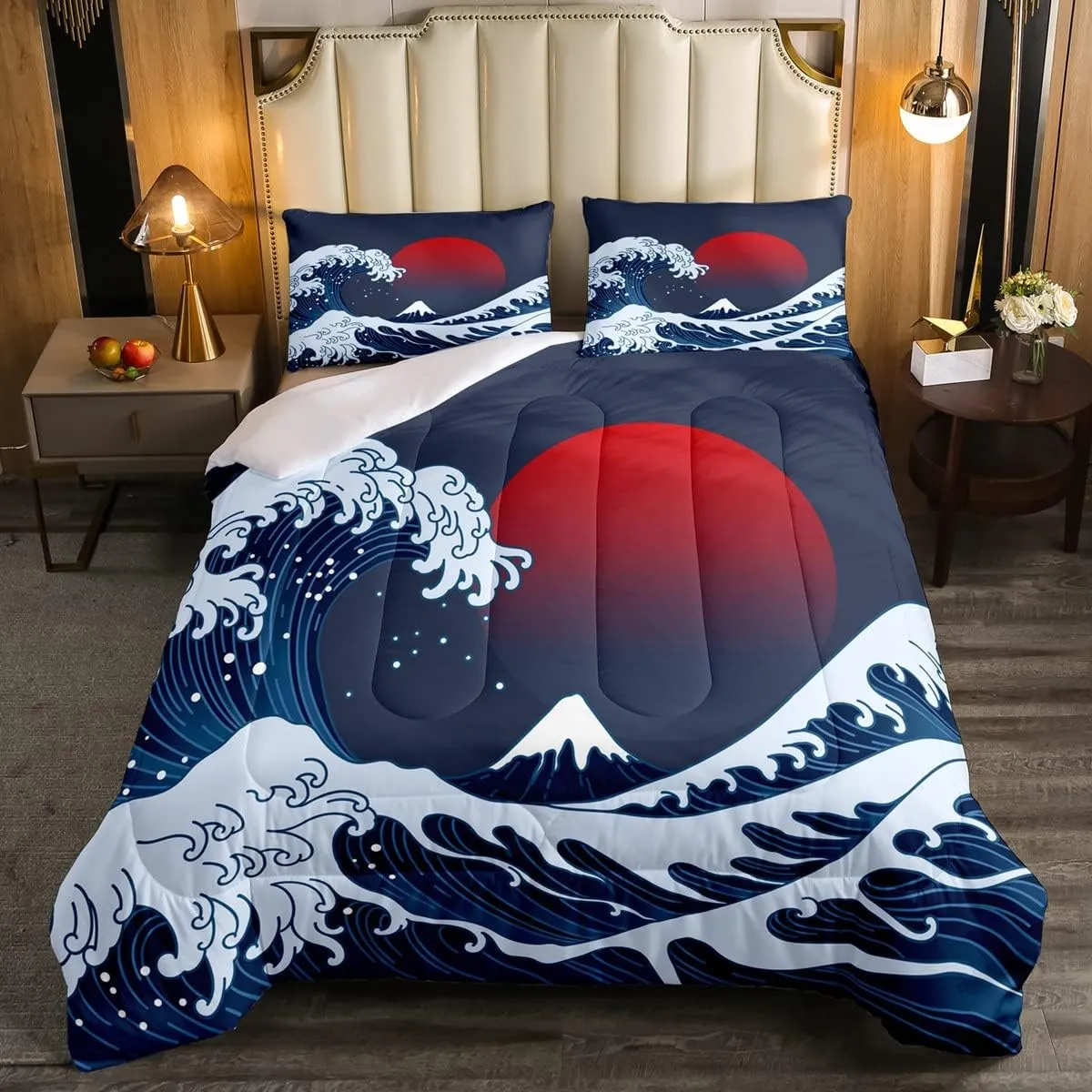 Ocean Wave Comforter Set Sea Surfing Red Sun Bedding Set for Kids Boys Girls Japanese Ukiyoe Comforter Exotic Navy Blue Decor Quilt Set with 2 Pillowcases 3Pcs Bedding Full