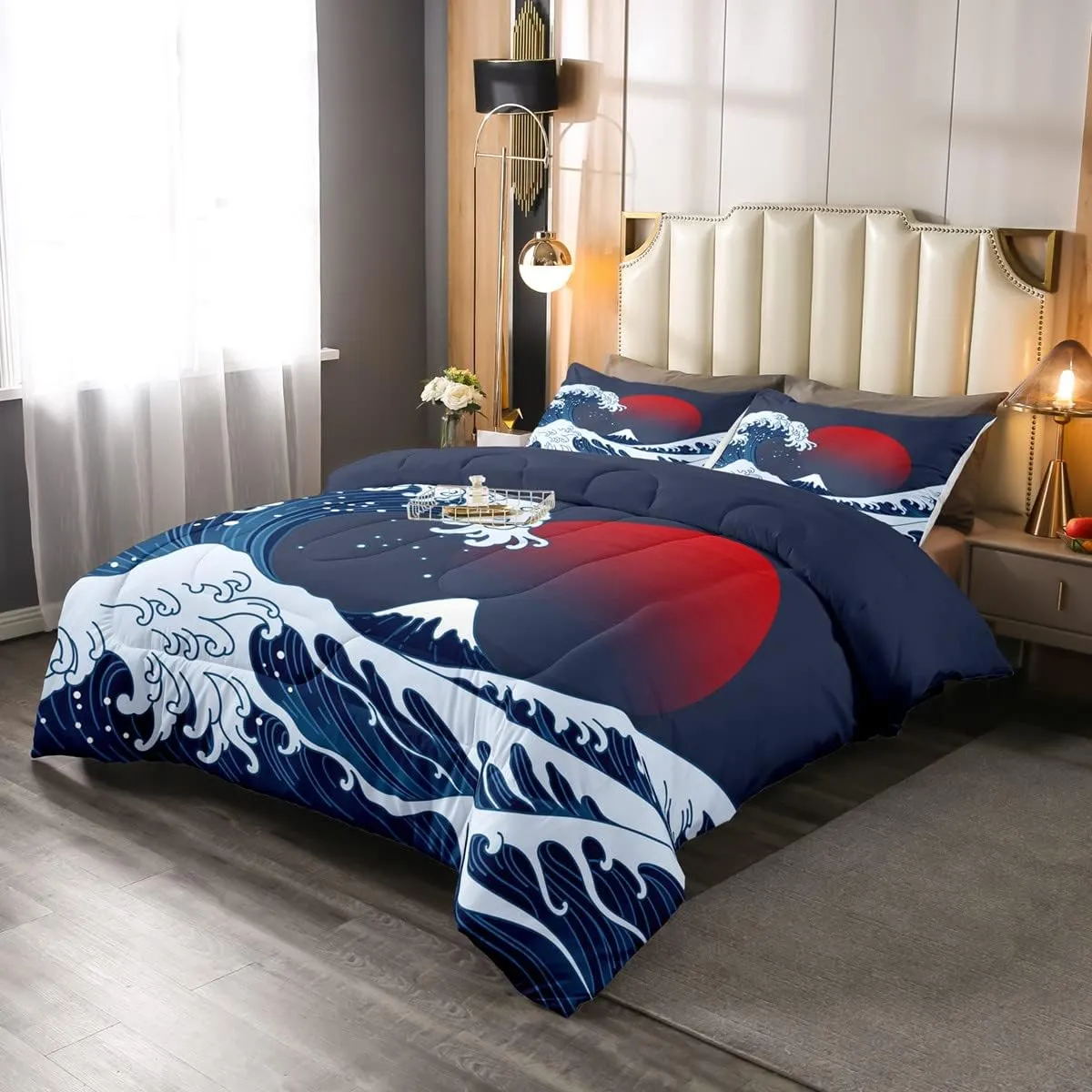 Ocean Wave Comforter Set Sea Surfing Red Sun Bedding Set for Kids Boys Girls Japanese Ukiyoe Comforter Exotic Navy Blue Decor Quilt Set with 2 Pillowcases 3Pcs Bedding Full