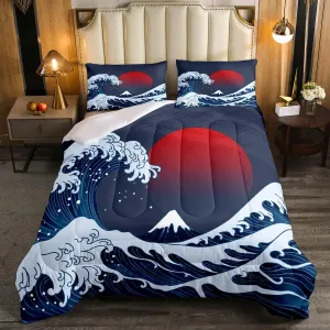 Ocean Wave Comforter Set Sea Surfing Red Sun Bedding Set for Kids Boys Girls Japanese Ukiyoe Comforter Exotic Navy Blue Decor Quilt Set with 2 Pillowcases 3Pcs Bedding Full