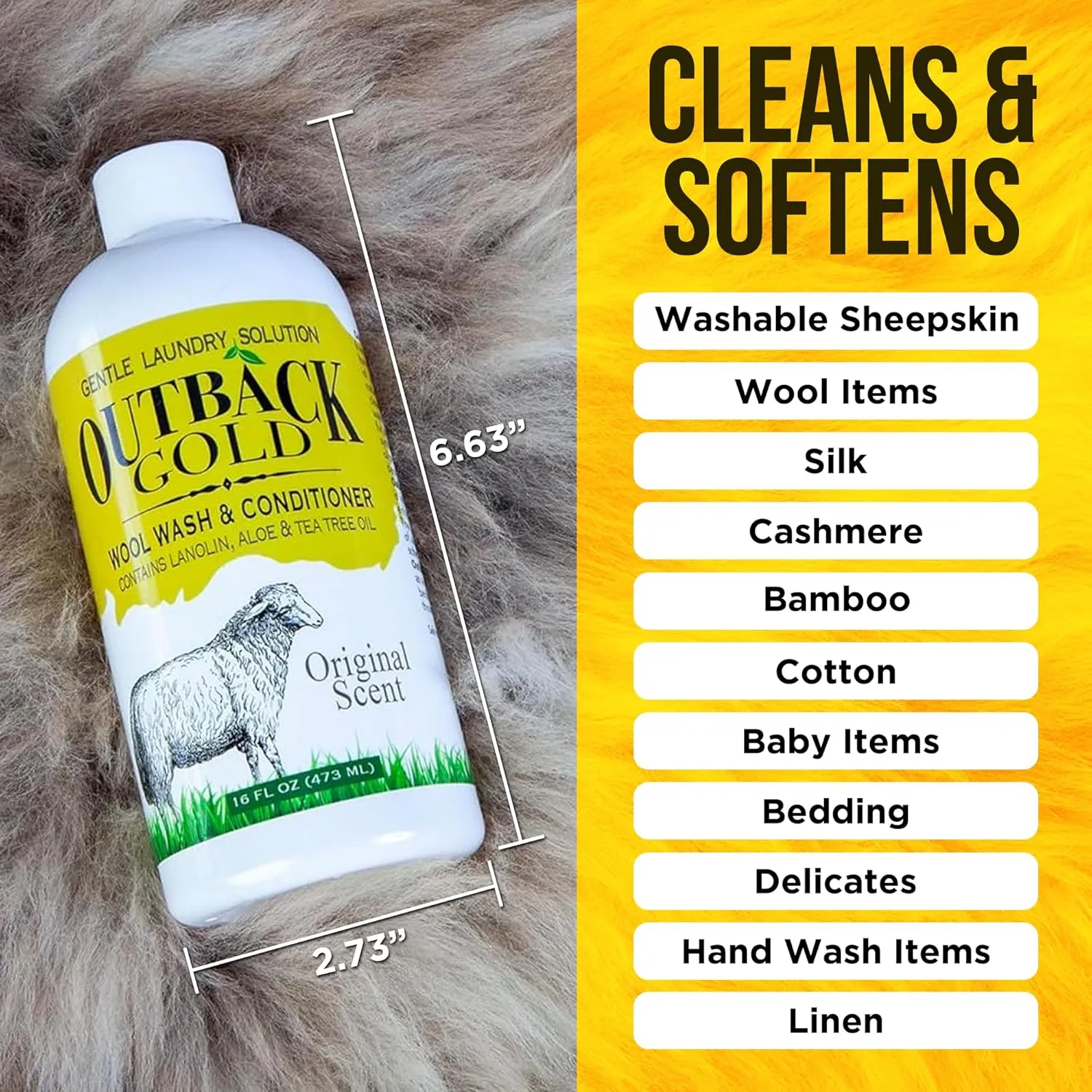 Outback Gold Wool Wash, 16 oz, Original Floral Scent, Natural Plant Based Liquid Laundry Detergent, Perfect Laundry Soap for Wool, Cashmere, Silk, Sheepskin, Baby Items, Mild, Neutral pH, Made in USA