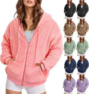 Oversized Sherpa Jacket For Women Plus Size Casual Zip Up Hooded Fuzzy Fleece Coat Cozy Shearling Jackets With Pockets