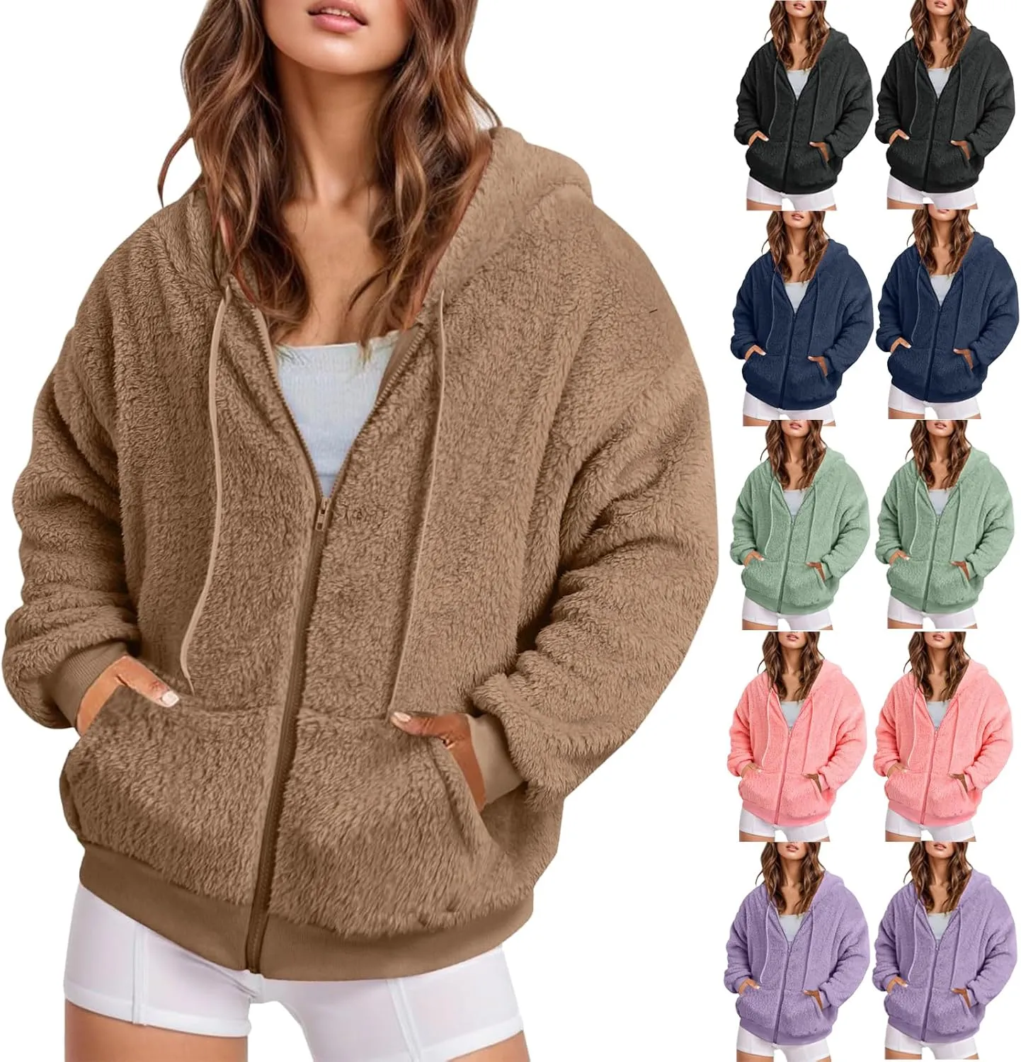 Oversized Sherpa Jacket For Women Plus Size Casual Zip Up Hooded Fuzzy Fleece Coat Cozy Shearling Jackets With Pockets