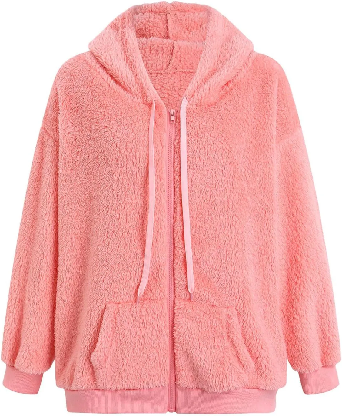 Oversized Sherpa Jacket For Women Plus Size Casual Zip Up Hooded Fuzzy Fleece Coat Cozy Shearling Jackets With Pockets