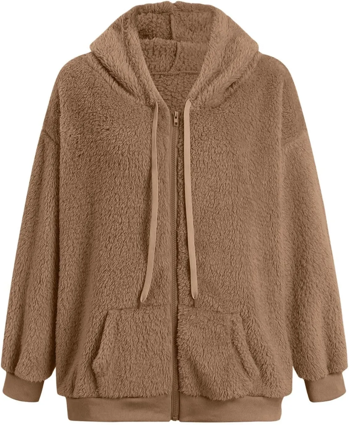 Oversized Sherpa Jacket For Women Plus Size Casual Zip Up Hooded Fuzzy Fleece Coat Cozy Shearling Jackets With Pockets
