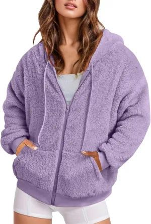 Oversized Sherpa Jacket For Women Plus Size Casual Zip Up Hooded Fuzzy Fleece Coat Cozy Shearling Jackets With Pockets