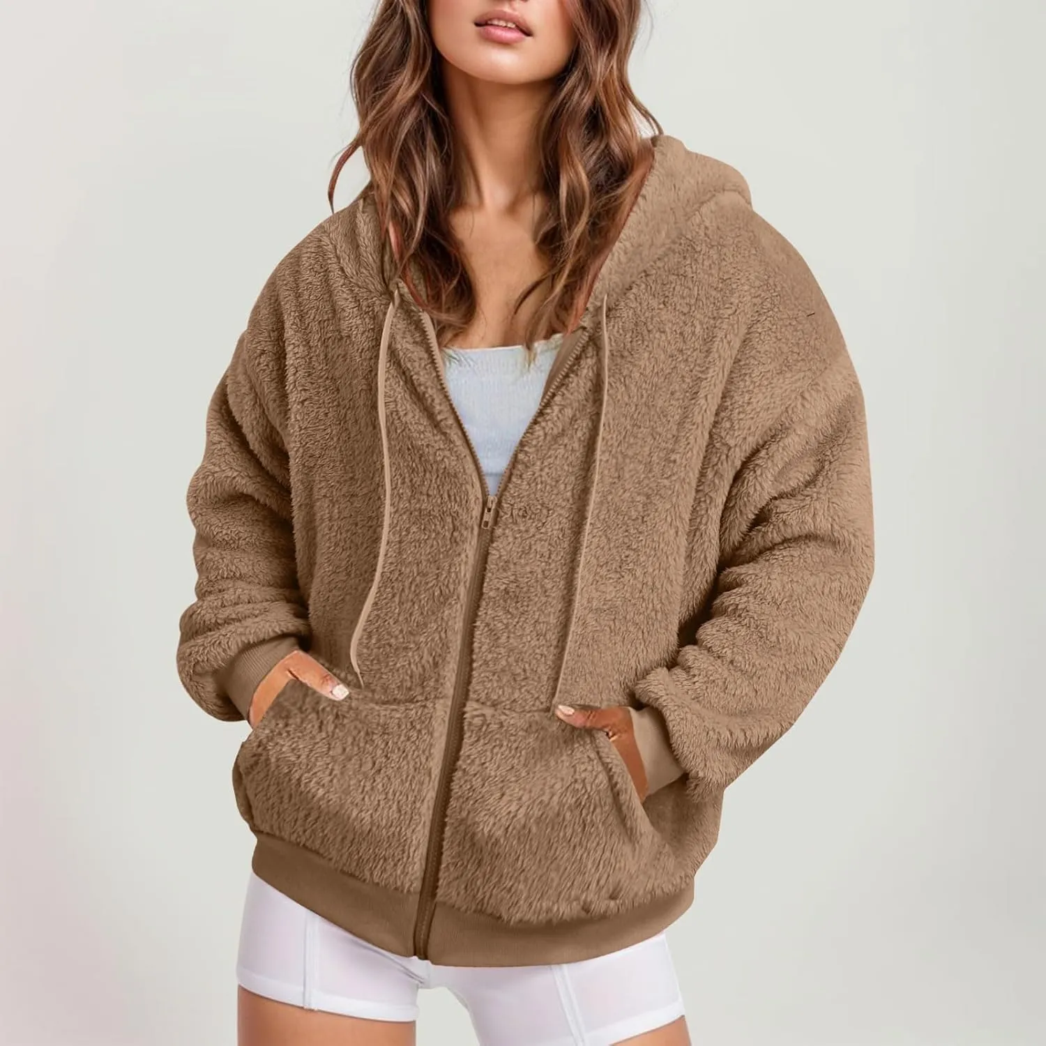 Oversized Sherpa Jacket For Women Plus Size Casual Zip Up Hooded Fuzzy Fleece Coat Cozy Shearling Jackets With Pockets