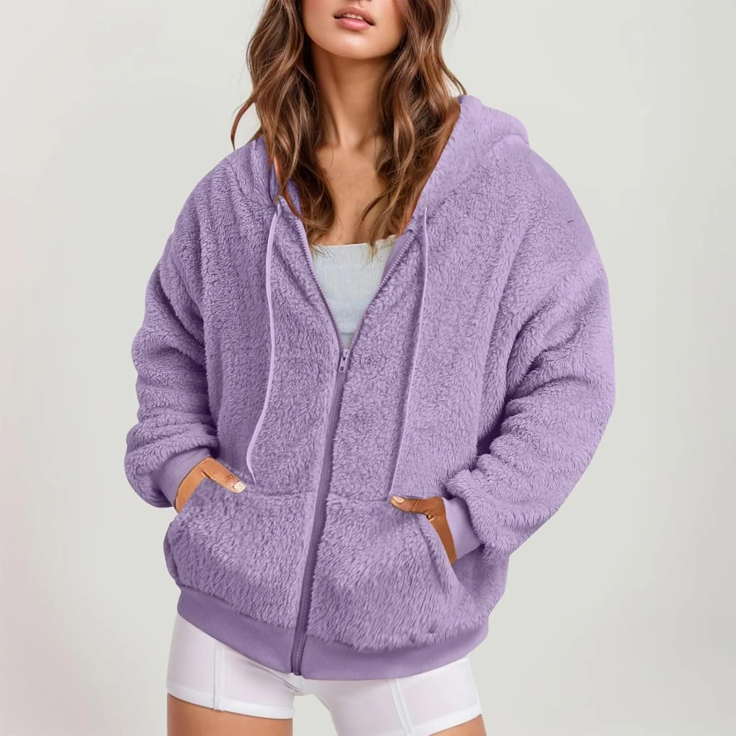 Oversized Sherpa Jacket For Women Plus Size Casual Zip Up Hooded Fuzzy Fleece Coat Cozy Shearling Jackets With Pockets