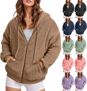 Oversized Sherpa Jacket For Women Plus Size Casual Zip Up Hooded Fuzzy Fleece Coat Cozy Shearling Jackets With Pockets