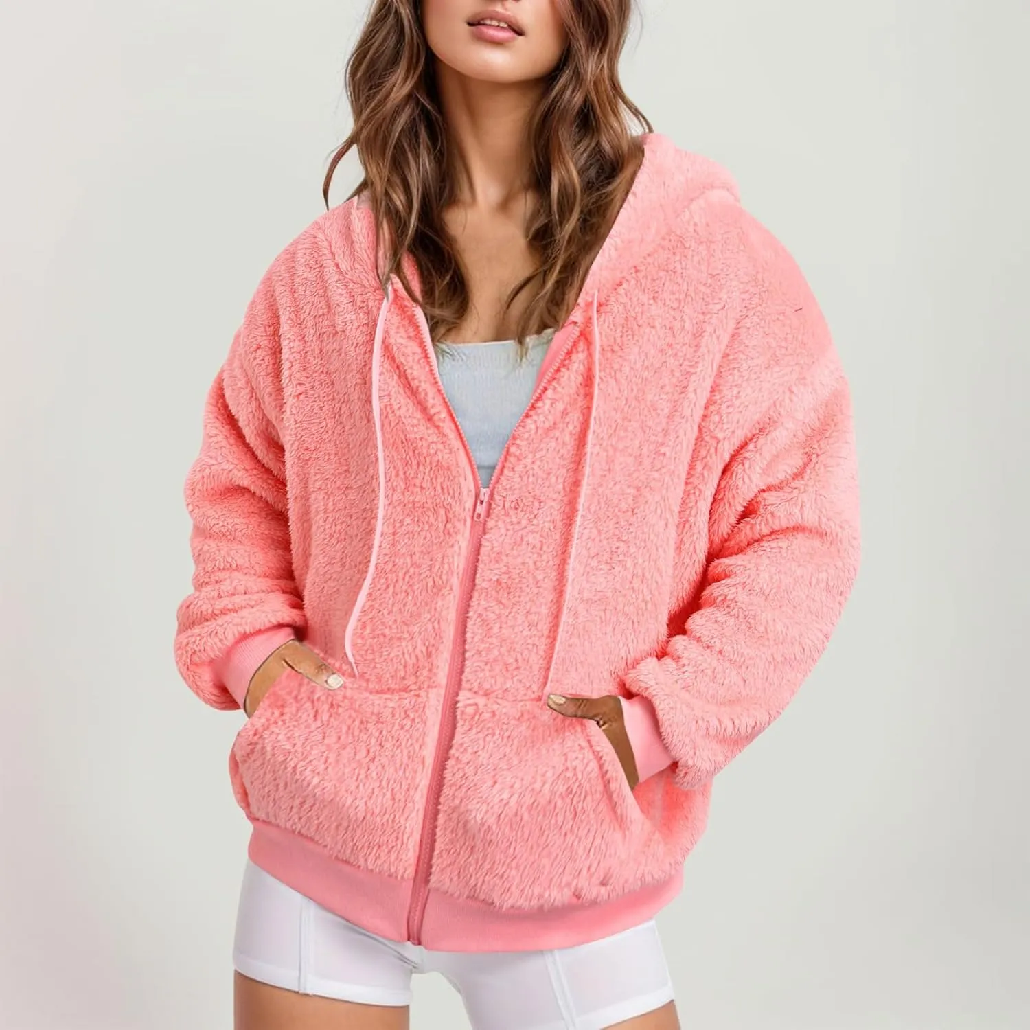 Oversized Sherpa Jacket For Women Plus Size Casual Zip Up Hooded Fuzzy Fleece Coat Cozy Shearling Jackets With Pockets