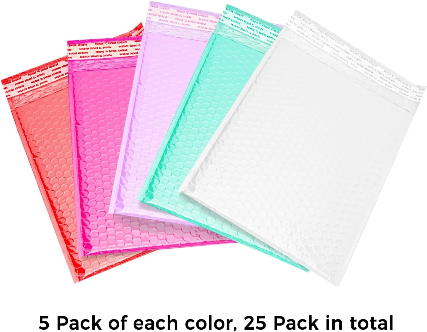 Pack of 25 ToneSpac Poly Bubble Mailers Padded Envelopes Shipping Bags with Waterproof and Self Seal Stripe (Purple White Pink Red Teal, #0, 7x10 inch)