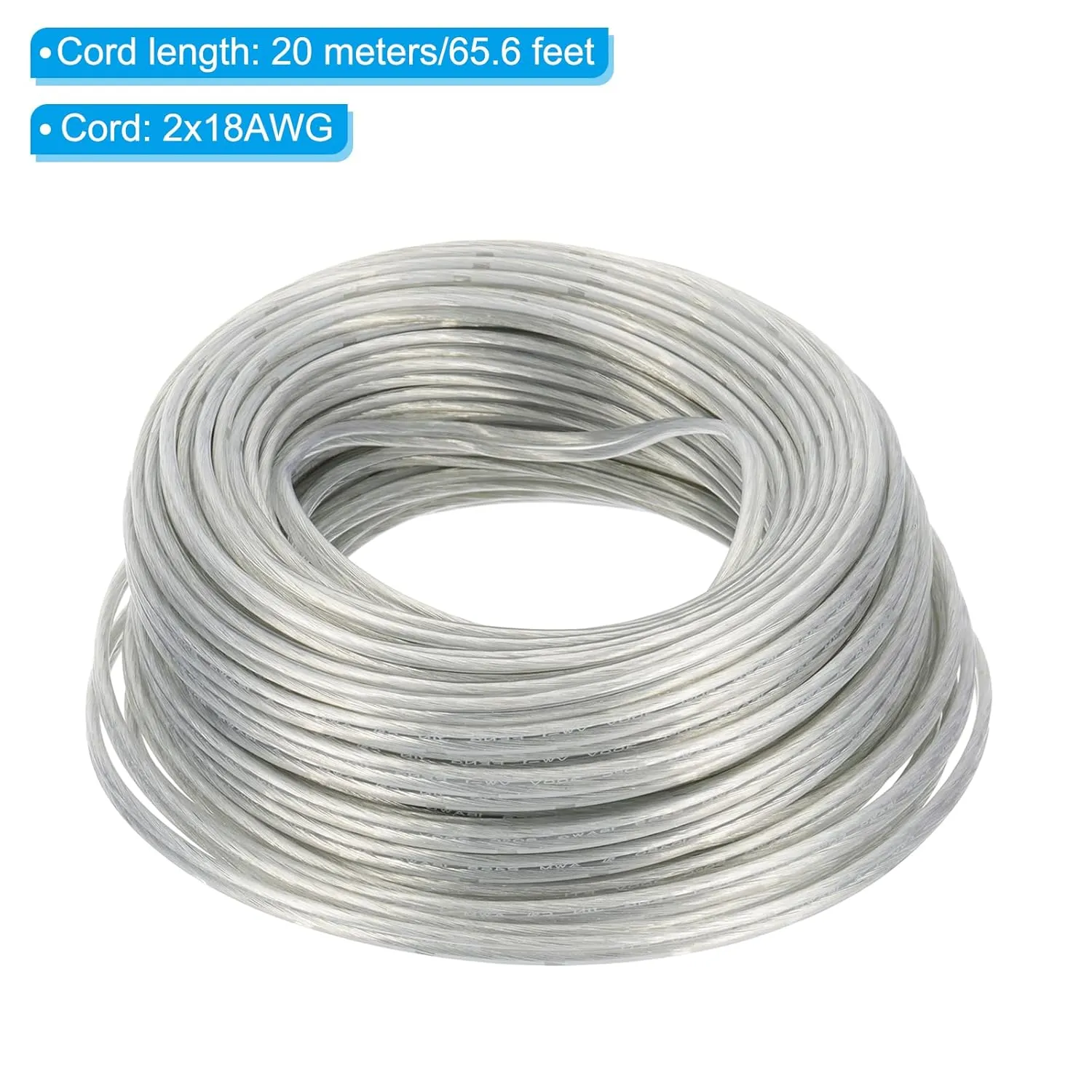 PATIKIL 65.6Ft 18/2 PVC Covered Copper Wire, 300V Soft Speaker Wire Insulated Heat Resistant Electronical Flexible Cable for LED Light Strip Audio Speaker Sound System, Clear, UL Listed