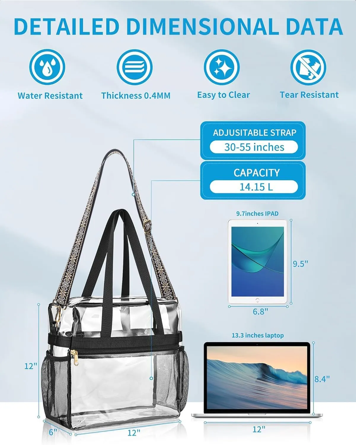 Paxiland Clear Bag for Stadium Events 12x6x12, Clear Tote Bag with Reinforced Strap, Transparent Bag for Sports Concert