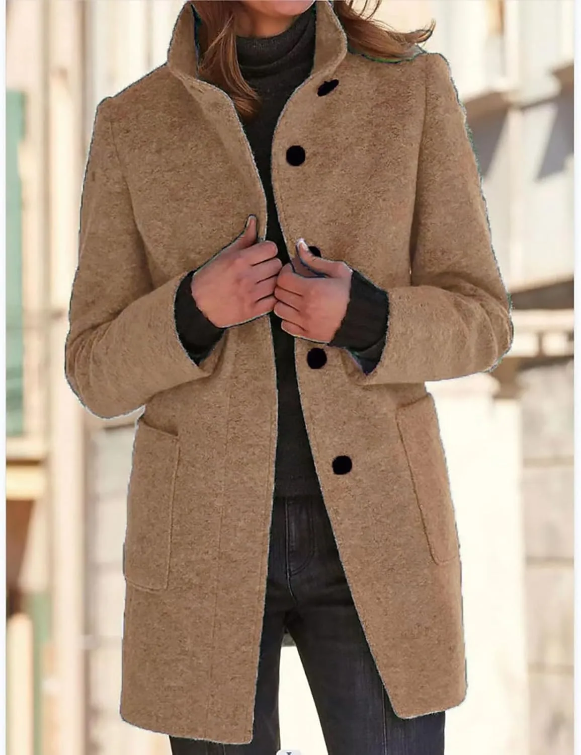Pea Coats for Women Winter Stand Collar Wool Long Trench Coats Casual Single Breasted Blazer Thicken Peacoat Jackets