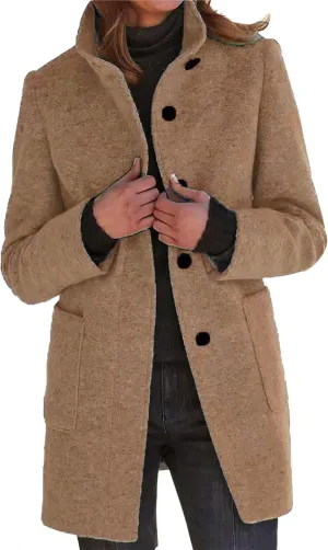 Pea Coats for Women Winter Stand Collar Wool Long Trench Coats Casual Single Breasted Blazer Thicken Peacoat Jackets