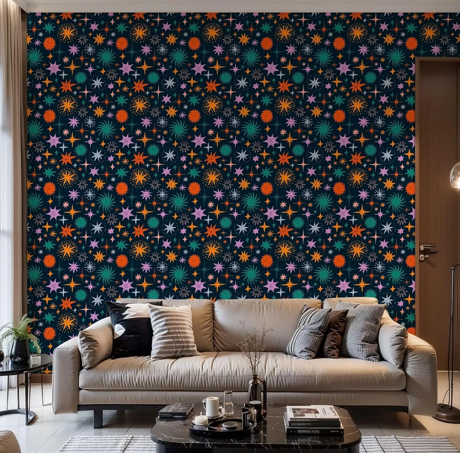 Peel and Stick Wallpaper Self Adhesive Wall Mural Colored crayon drawn stars sparkles seamless pattern Hand drawn doodle Contact Paper Renter Friendly Wallpaper for Kitchen Nursery Bedroom 17.7"x118"