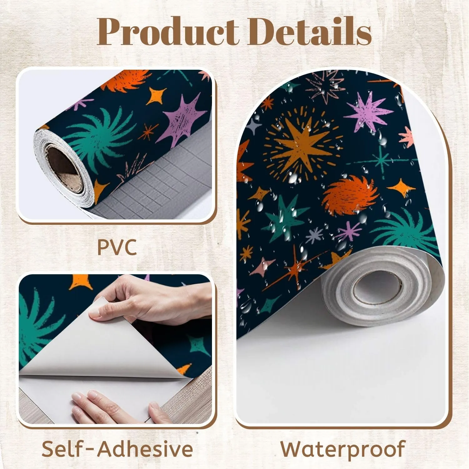 Peel and Stick Wallpaper Self Adhesive Wall Mural Colored crayon drawn stars sparkles seamless pattern Hand drawn doodle Contact Paper Renter Friendly Wallpaper for Kitchen Nursery Bedroom 17.7"x118"