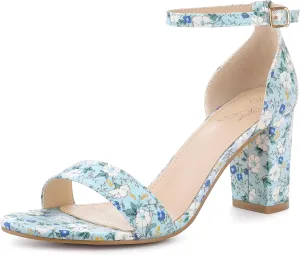 Perphy Floral Printed Open Toe Ankle Strap Chunky Heel Sandals for Women