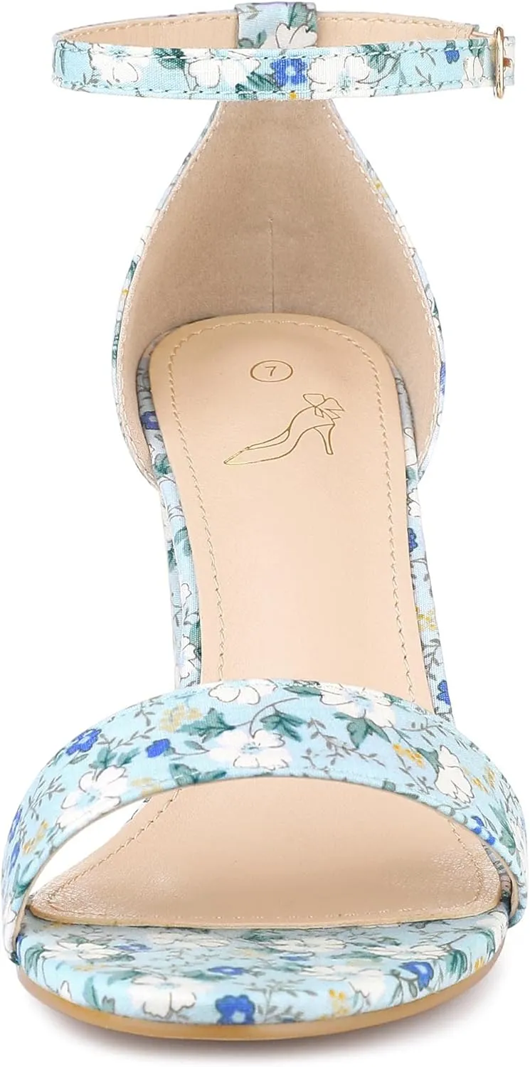 Perphy Floral Printed Open Toe Ankle Strap Chunky Heel Sandals for Women