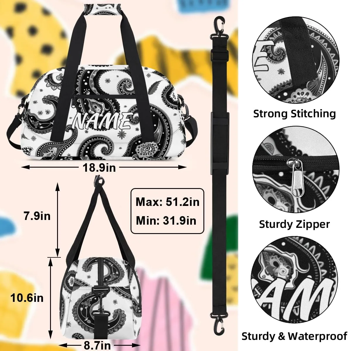 Personalized Custom Gym Bag for Women Men Carry on Geometric Shape Travel Duffel Tote Boho Abstract Overnight Workout Weekender Bag