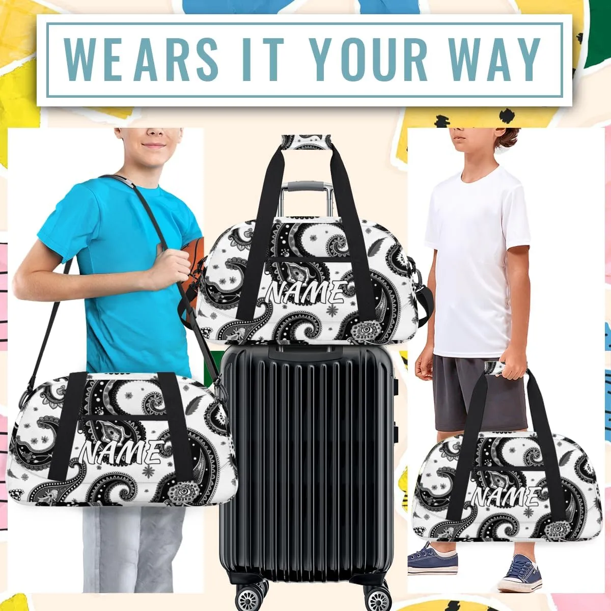 Personalized Custom Gym Bag for Women Men Carry on Geometric Shape Travel Duffel Tote Boho Abstract Overnight Workout Weekender Bag