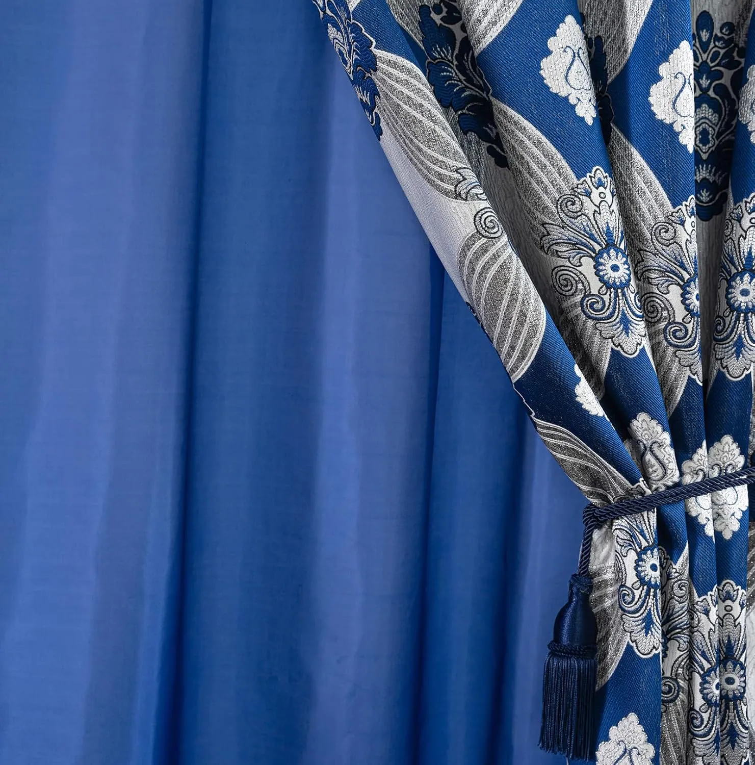 Petrichor Elegance Curtains with Gold Silver Threads 2 Panels Set - Luxury Window Treatment Attached Valance, Sheer Backing, and 2 Tie Backs for Bedroom and Living Room, 54x63 inches, Navy