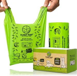 PLANET POOP Home Compostable Dog Poop Bags with Handles, Large Single Roll 200 Grab & Go, Un-Scented Pet Waste Bag, Leakproof for Cat Doggy & Pets, Plant-Based Dog Supplies
