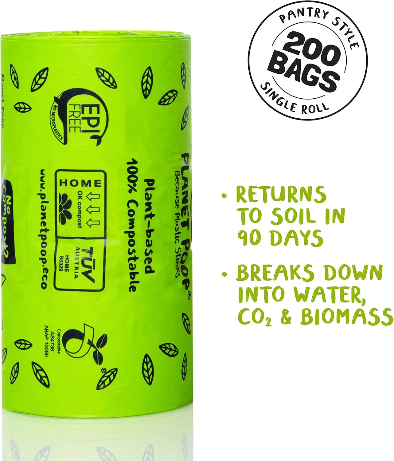 PLANET POOP Home Compostable Dog Poop Bags with Handles, Large Single Roll 200 Grab & Go, Un-Scented Pet Waste Bag, Leakproof for Cat Doggy & Pets, Plant-Based Dog Supplies