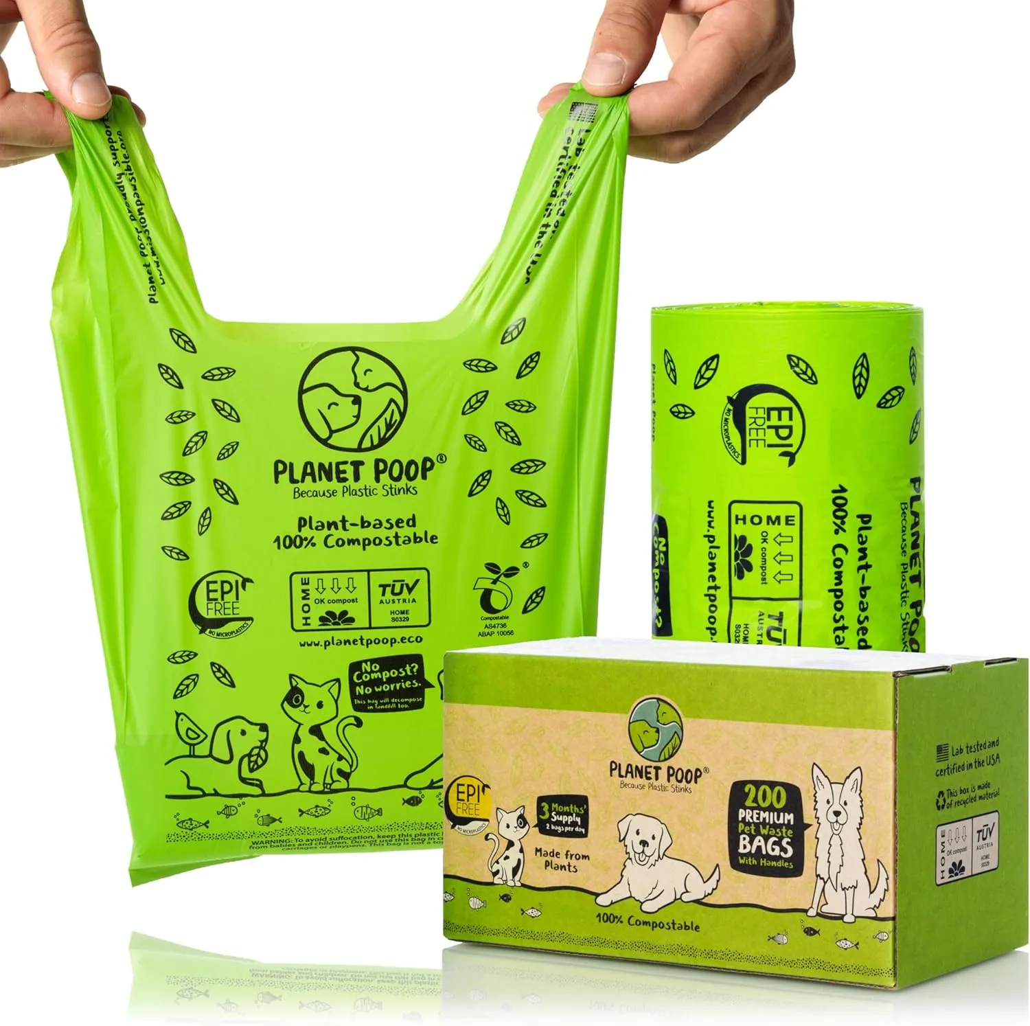 PLANET POOP Home Compostable Dog Poop Bags with Handles, Large Single Roll 200 Grab & Go, Un-Scented Pet Waste Bag, Leakproof for Cat Doggy & Pets, Plant-Based Dog Supplies