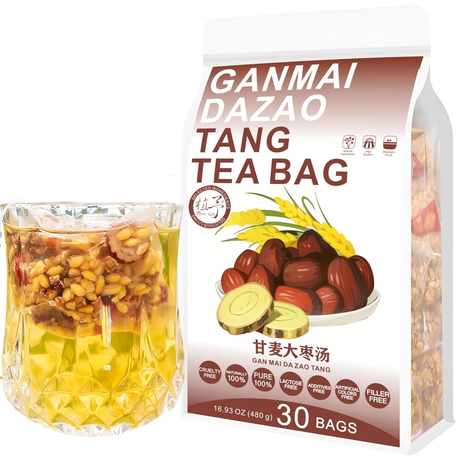 Plant Gift 30 Cups Ganmai Dazao Tang Bag (甘麦大枣汤 GAN MAI DA ZAO TANG) 16.93oz (16g*30bags/480g) Wheat，Licorice Natural Mixed Herbal Combination of Floral Tea