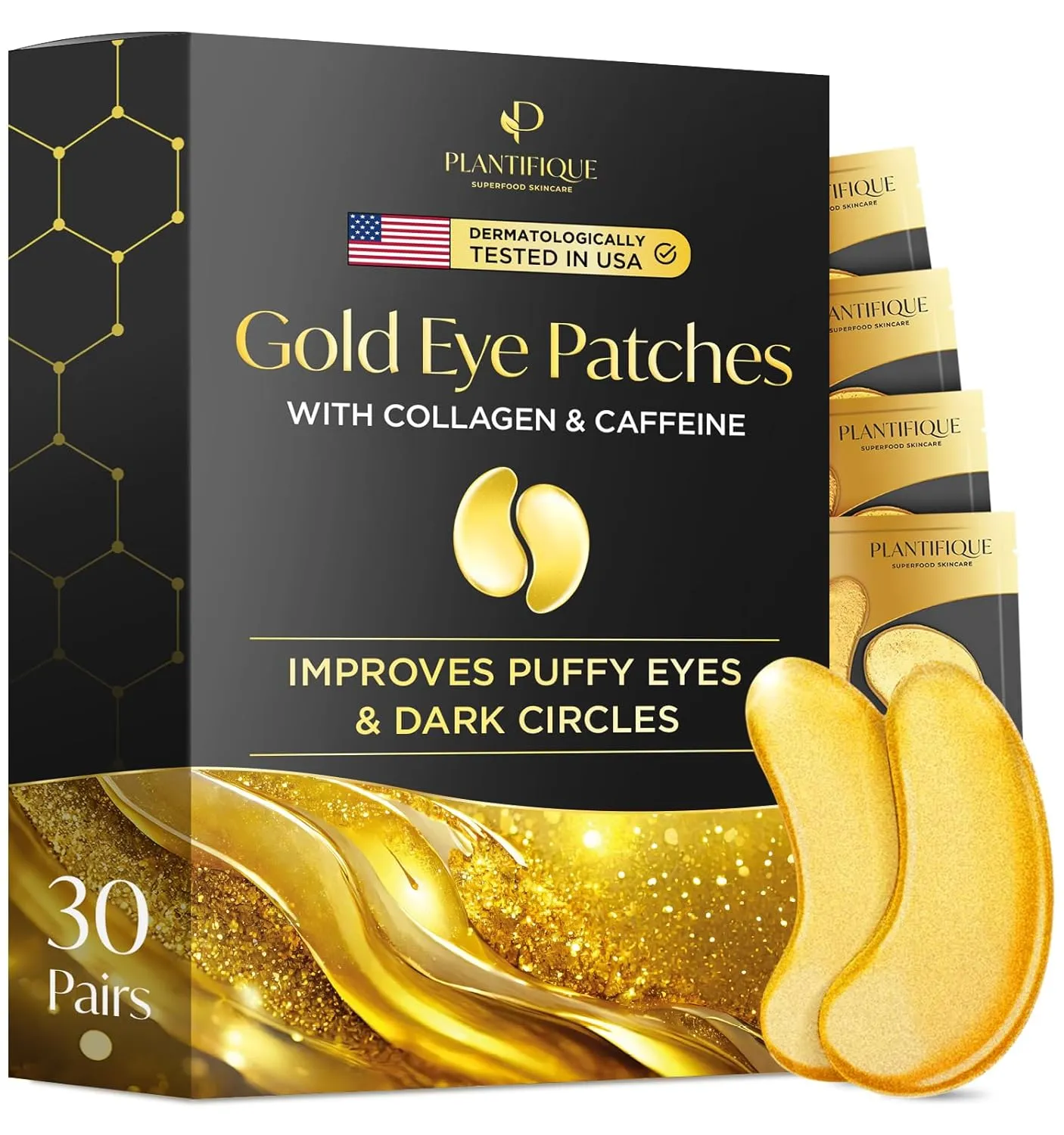 PLANTIFIQUE Gold Eye Patches for Puffy Eyes | 30 Pairs | Gifts | Under Eye Masks for Dark Circles | Puffiness Eye Gels | Eye Mask Skincare