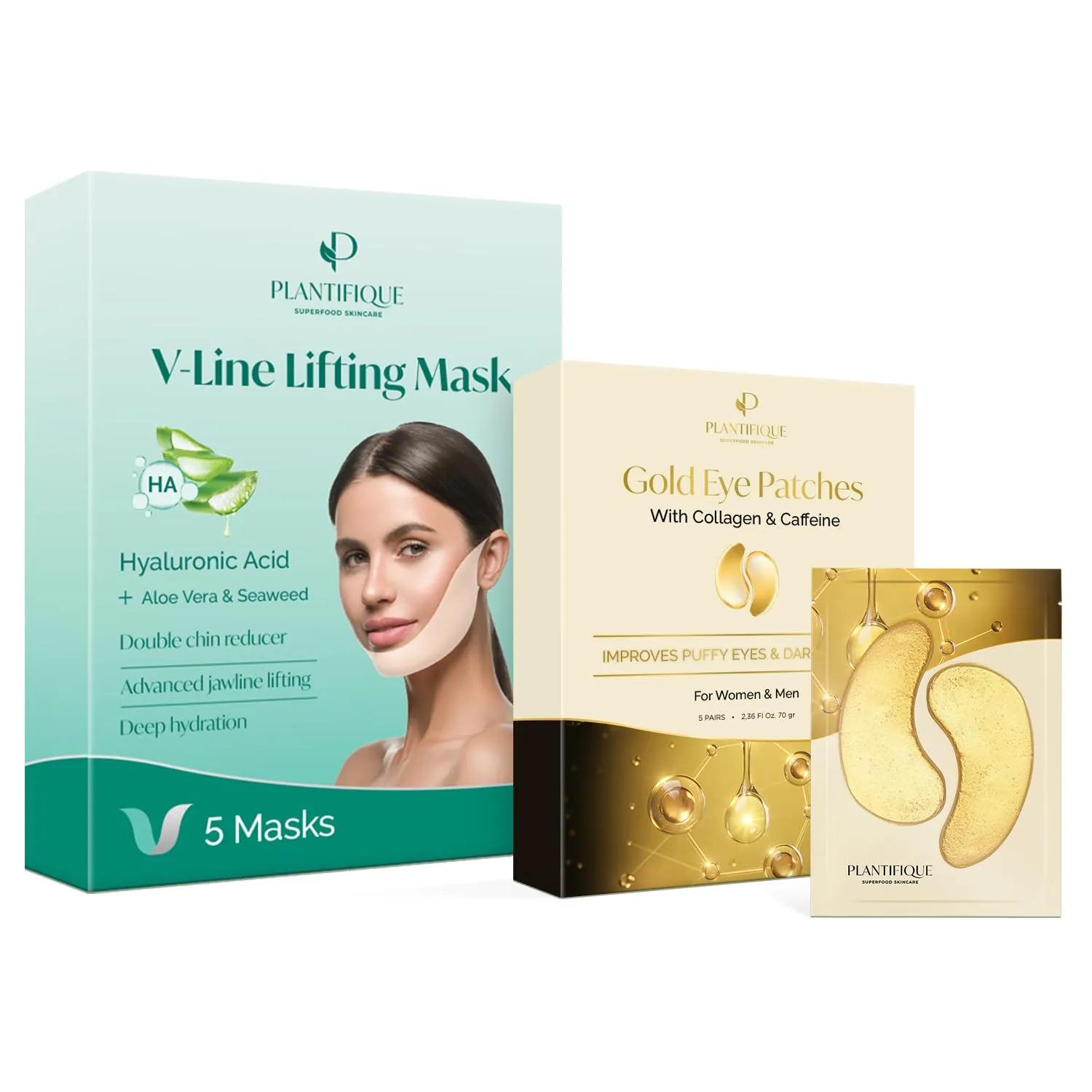 PLANTIFIQUE Gold Under Eye Patches for Puffy Eyes and Dark Circles 5 Pairs and V-Line Collagen Mask for face 5 PCS, Chin Strap for Women & Men
