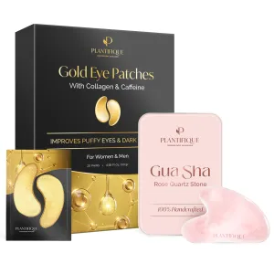 PLANTIFIQUE Gua Sha Rose Quartz Tool for Face Anti Aging Massage Tool and Gold Under Eye Patches for Puffy Eyes and Dark Circles 20 Pairs Under Eye Masks for Dark Circles