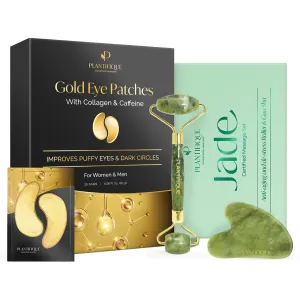 PLANTIFIQUE Jade Roller for Face Gua Sha Facial Tools and Gold Under Eye Patches for Puffy Eyes and Dark Circles 20 Pairs Under Eye Masks for Dark Circles and Puffiness Eye