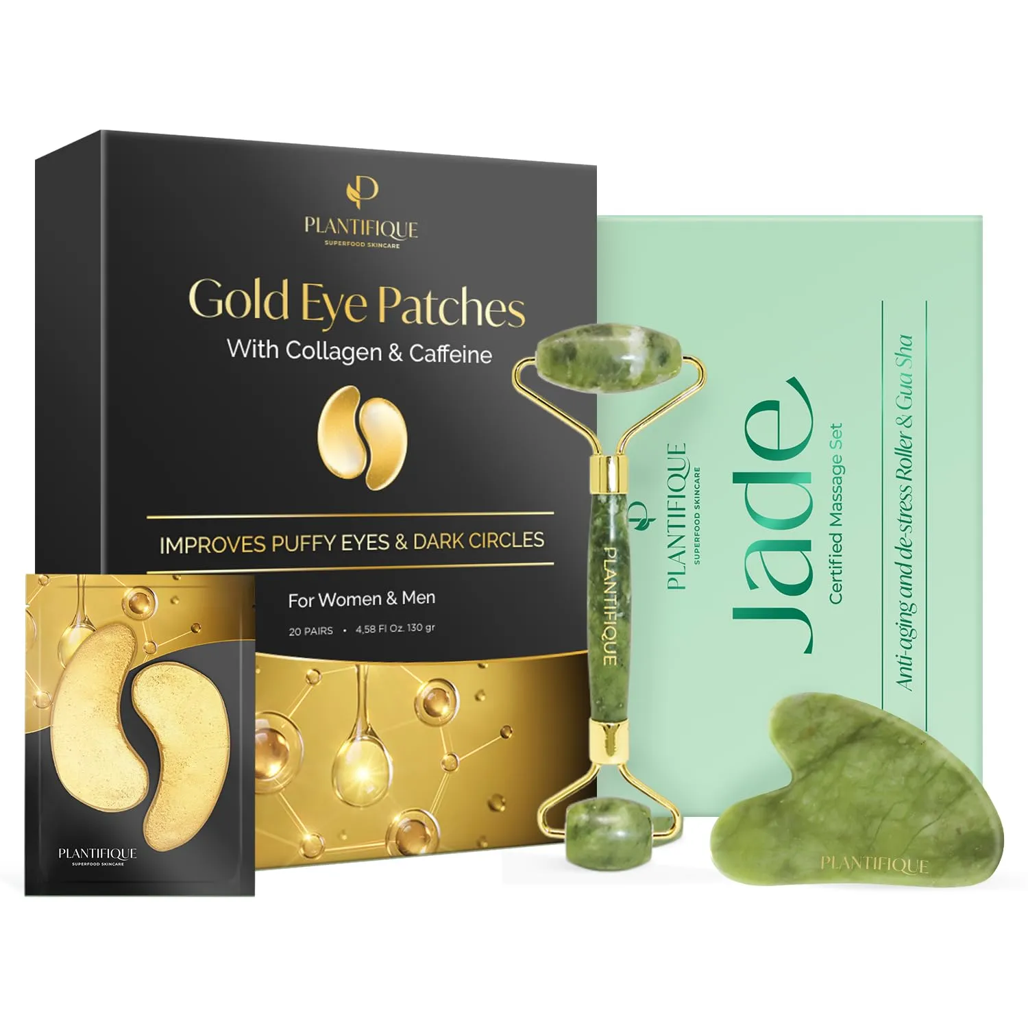 PLANTIFIQUE Jade Roller for Face Gua Sha Facial Tools and Gold Under Eye Patches for Puffy Eyes and Dark Circles 20 Pairs Under Eye Masks for Dark Circles and Puffiness Eye