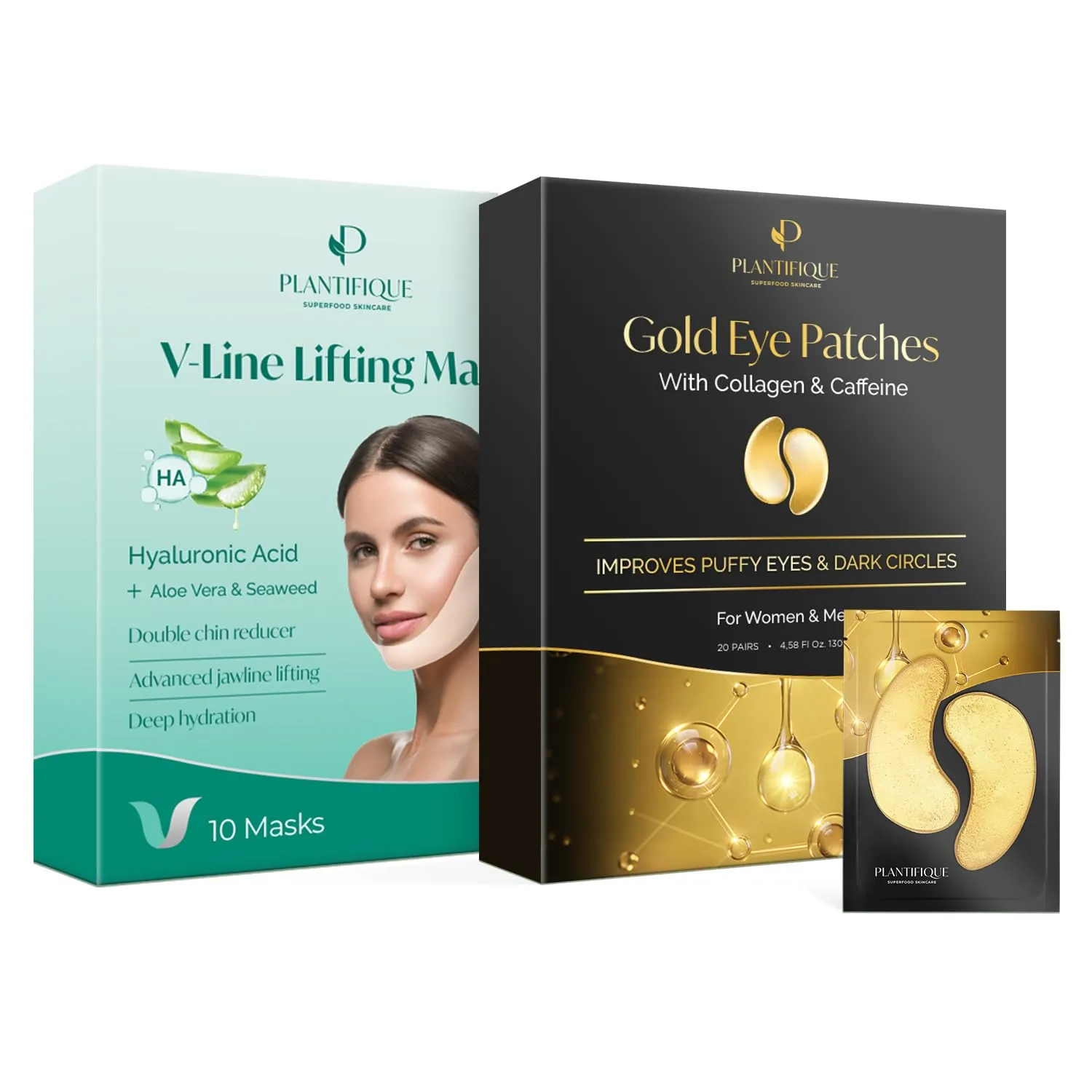 PLANTIFIQUE V-Line Collagen Mask for face 10 PCS Chin Strap for Double Chin Women & Men and Gold Under Eye Patches for Puffy Eyes and Dark Circles 20 Pairs Under Eye Masks for Dark Circles