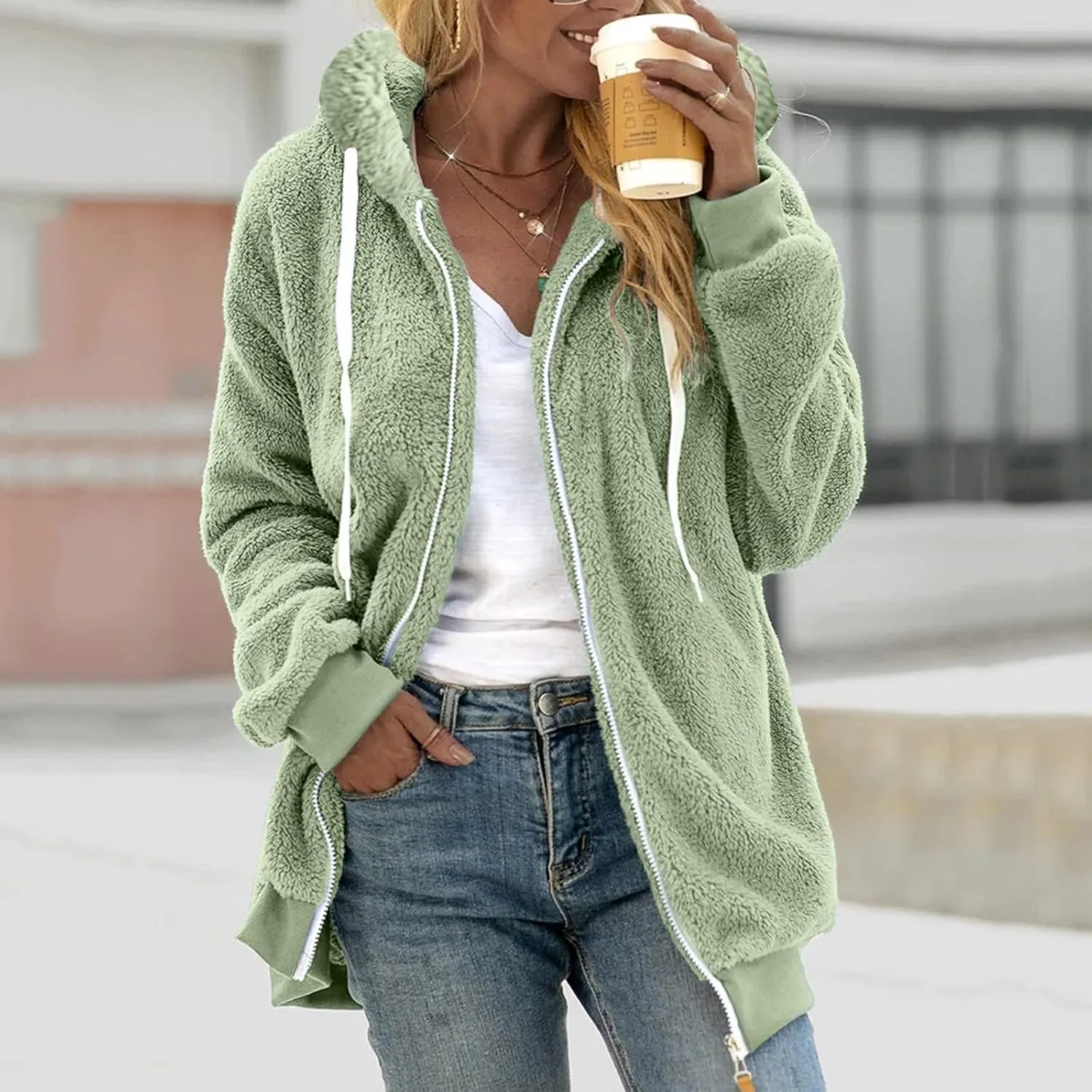 Plus Size Fuzzy Fleece Jacket For Women Faux Fur Sherpa Coat Casual Loose Zip Up Hooded Shearling Jackets Outwear