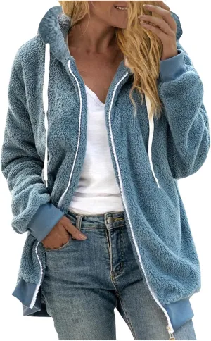 Plus Size Fuzzy Fleece Jacket For Women Faux Fur Sherpa Coat Casual Loose Zip Up Hooded Shearling Jackets Outwear