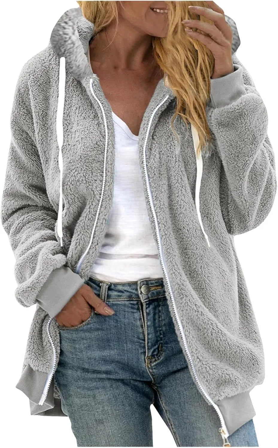 Plus Size Fuzzy Fleece Jacket For Women Faux Fur Sherpa Coat Casual Loose Zip Up Hooded Shearling Jackets Outwear