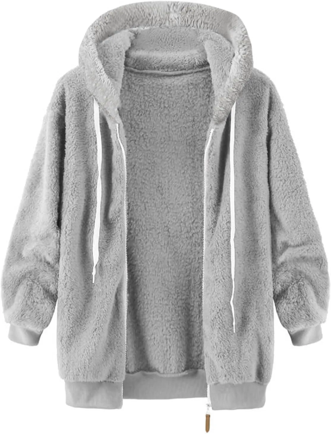 Plus Size Fuzzy Fleece Jacket For Women Faux Fur Sherpa Coat Casual Loose Zip Up Hooded Shearling Jackets Outwear