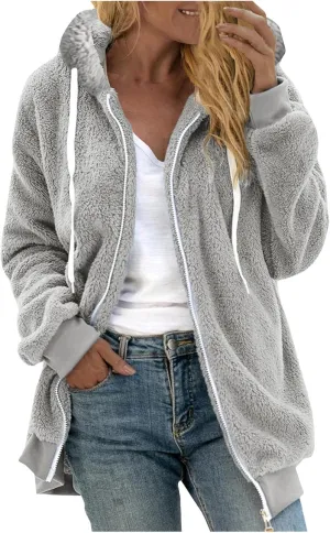 Plus Size Fuzzy Fleece Jacket For Women Faux Fur Sherpa Coat Casual Loose Zip Up Hooded Shearling Jackets Outwear