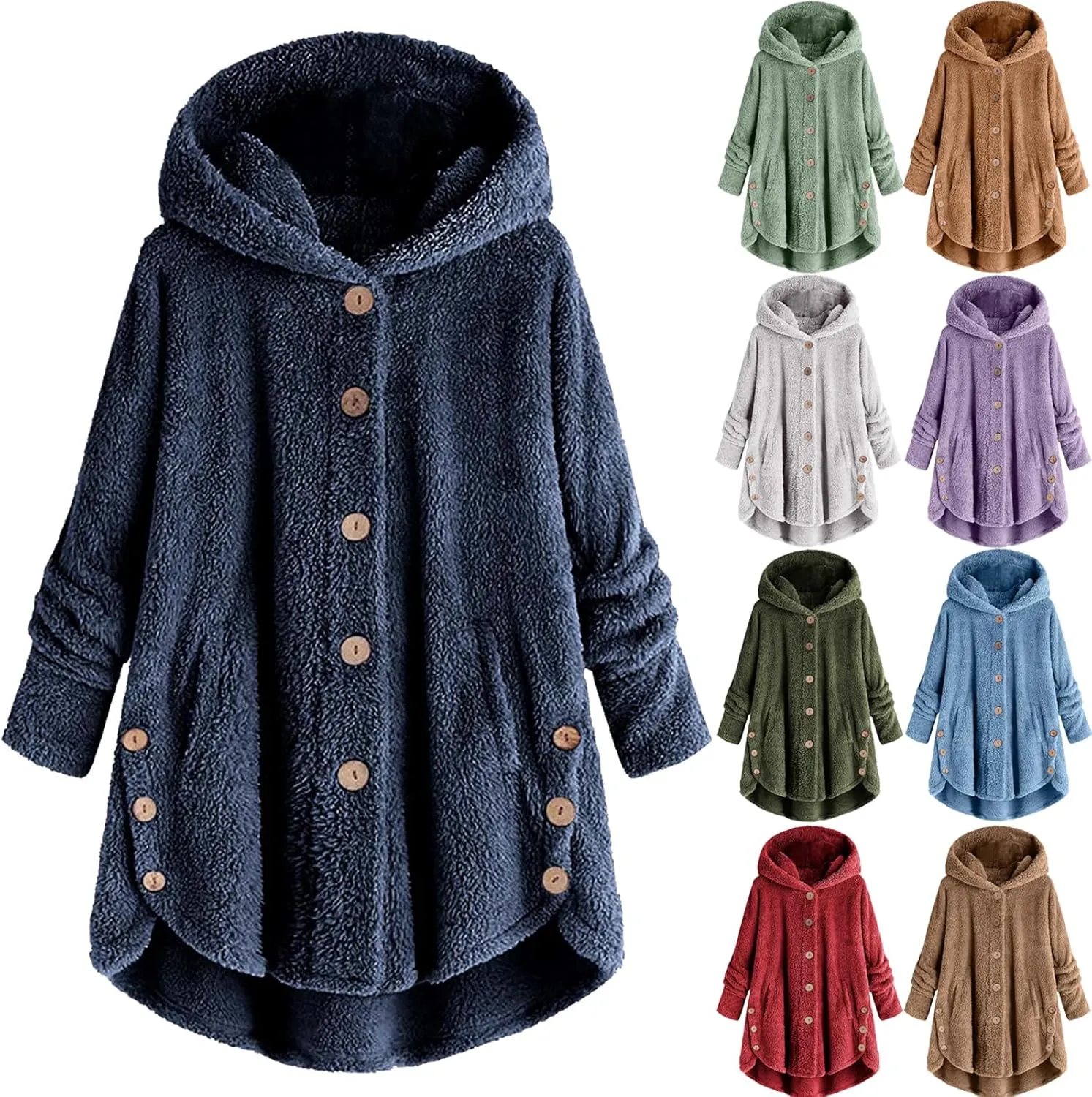 Plus Size Sherpa Tops For Women Casual Loose Button Down Hooded Fuzzy Fleece Jackets Warm Winter Loungewear