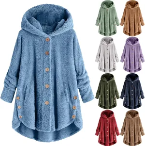 Plus Size Sherpa Tops For Women Casual Loose Button Down Hooded Fuzzy Fleece Jackets Warm Winter Loungewear