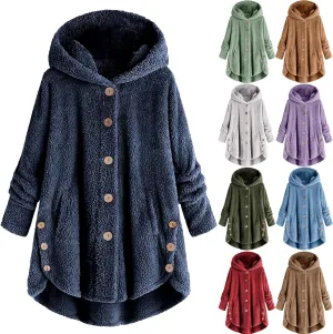 Plus Size Sherpa Tops For Women Casual Loose Button Down Hooded Fuzzy Fleece Jackets Warm Winter Loungewear