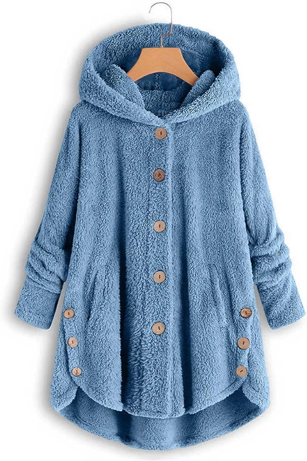 Plus Size Sherpa Tops For Women Casual Loose Button Down Hooded Fuzzy Fleece Jackets Warm Winter Loungewear