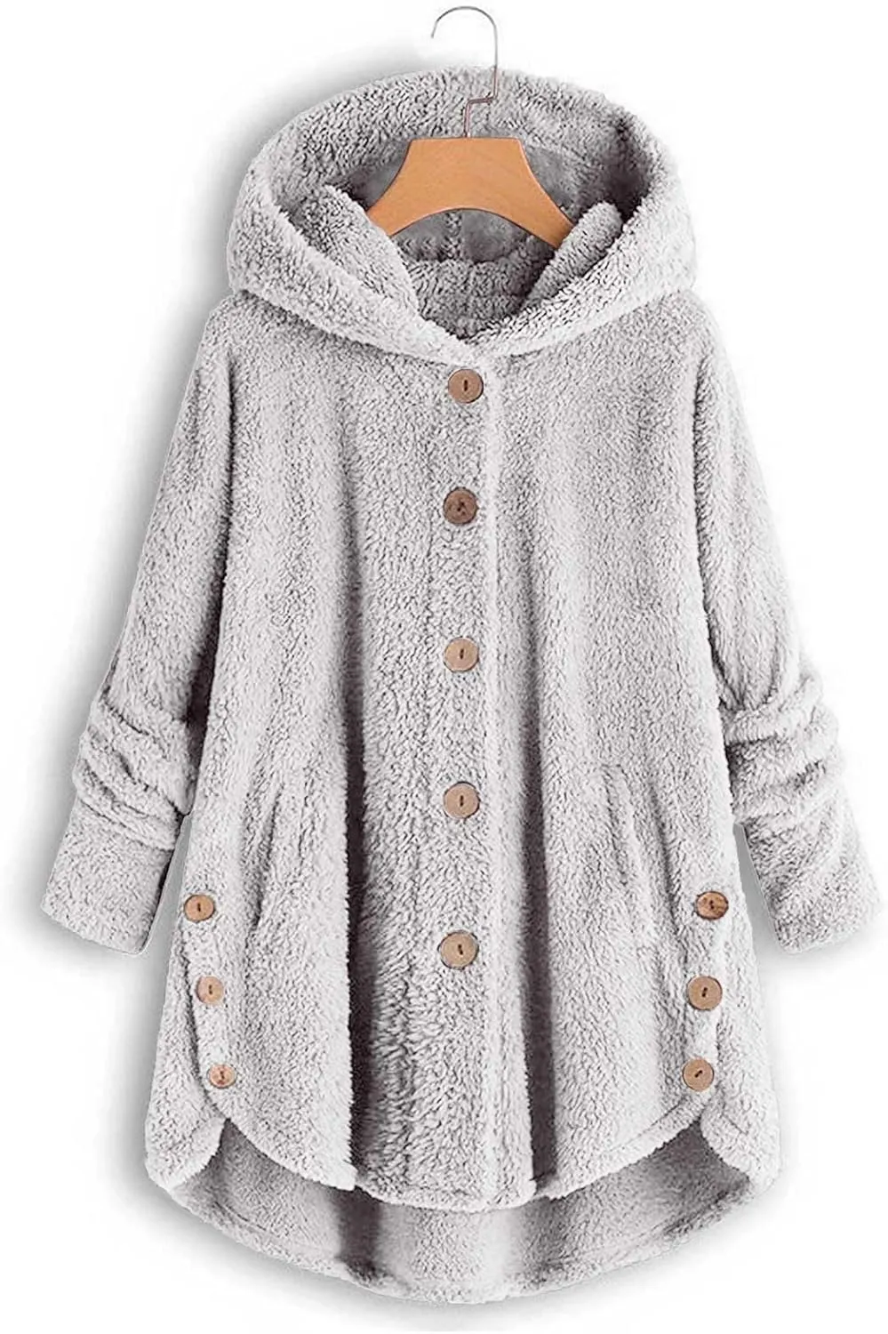 Plus Size Sherpa Tops For Women Casual Loose Button Down Hooded Fuzzy Fleece Jackets Warm Winter Loungewear