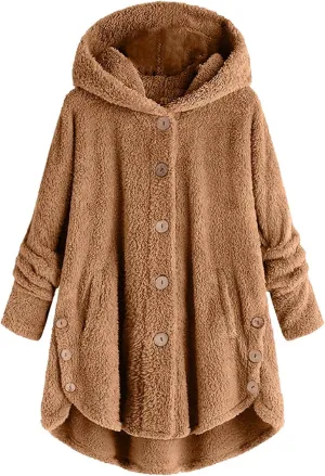 Plus Size Sherpa Tops For Women Casual Loose Button Down Hooded Fuzzy Fleece Jackets Warm Winter Loungewear
