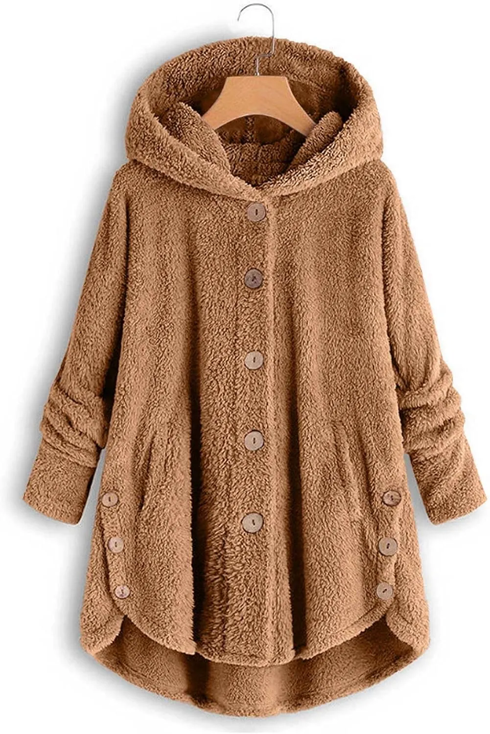 Plus Size Sherpa Tops For Women Casual Loose Button Down Hooded Fuzzy Fleece Jackets Warm Winter Loungewear